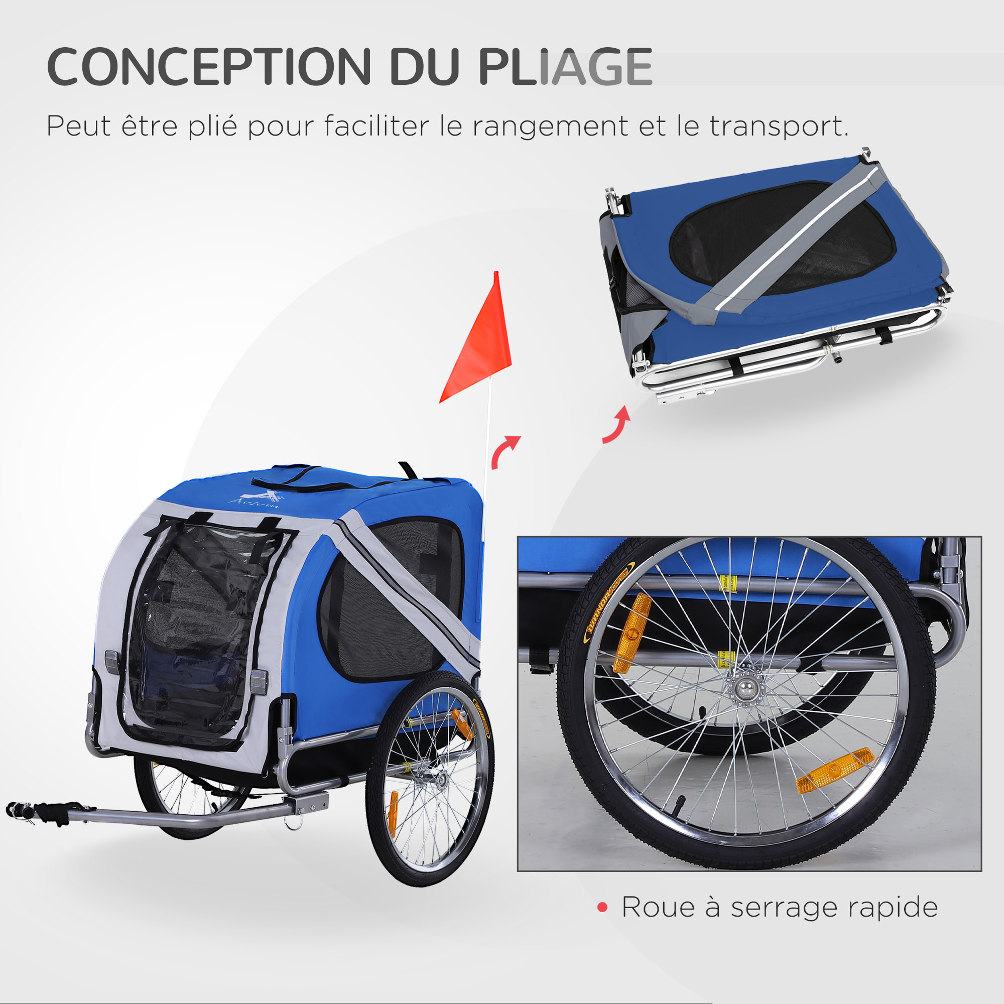 Remorque vélo pour chien animaux pliable 8 réflecteurs drapeau barre attelage inclus acier polyester imperméable max. 30 Kg 130L x 73l x 90H cm bleu blanc