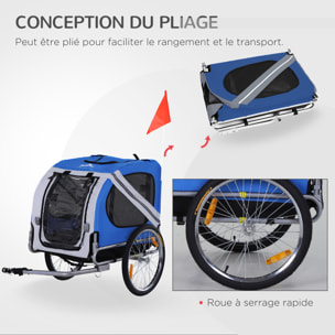 Remorque vélo pour chien animaux pliable 8 réflecteurs drapeau barre attelage inclus acier polyester imperméable max. 30 Kg 130L x 73l x 90H cm bleu blanc