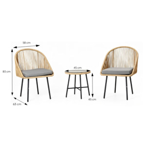 Ensemble de jardin 2 fauteuils et table basse effet rotin naturel PAULO