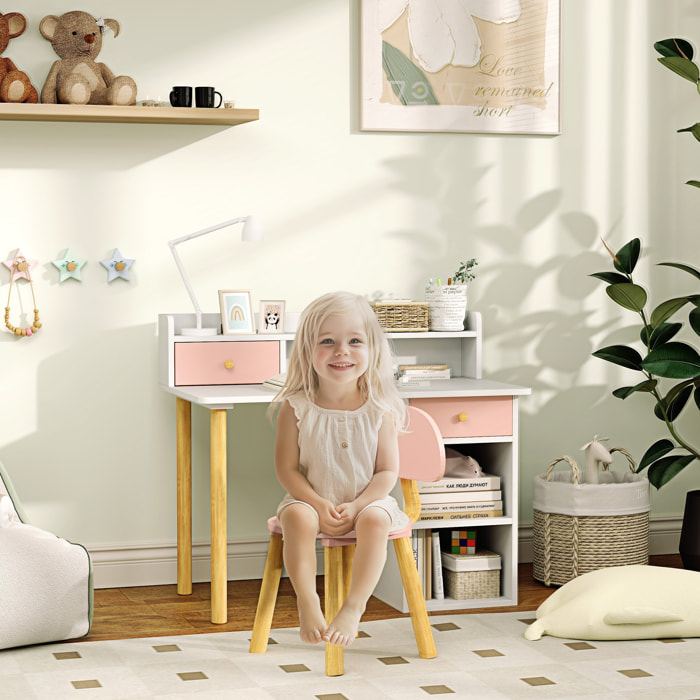 Juego de Escritorio y Silla para Niños de +3 Años Pupitre Infantil con Cajones Compartimento y Estantes para Dormitorio Sala Estudio Rosa y Blanco