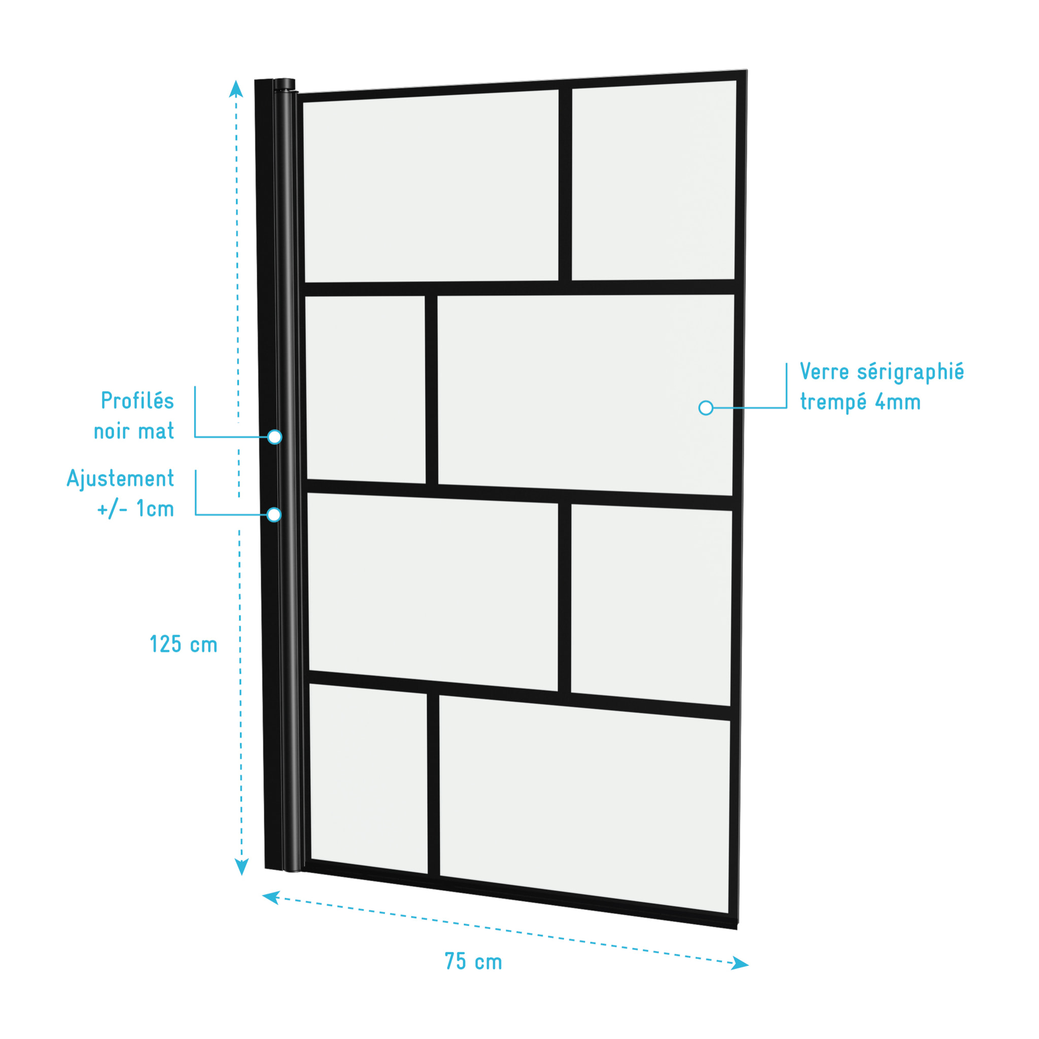 Pare baignoire rabattable sérigraphié 75x125cm - Finition Noir Mat - BLOCKS SCREEN