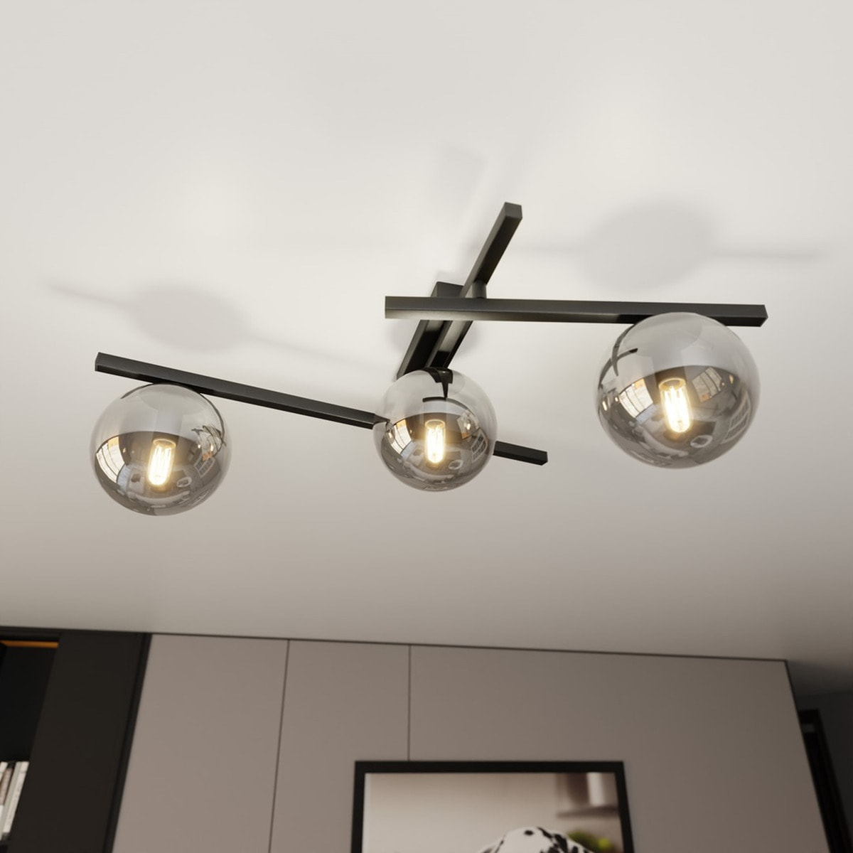 Lampada a sospensione Smart in acciaio nero con diffusori in vetro grafite