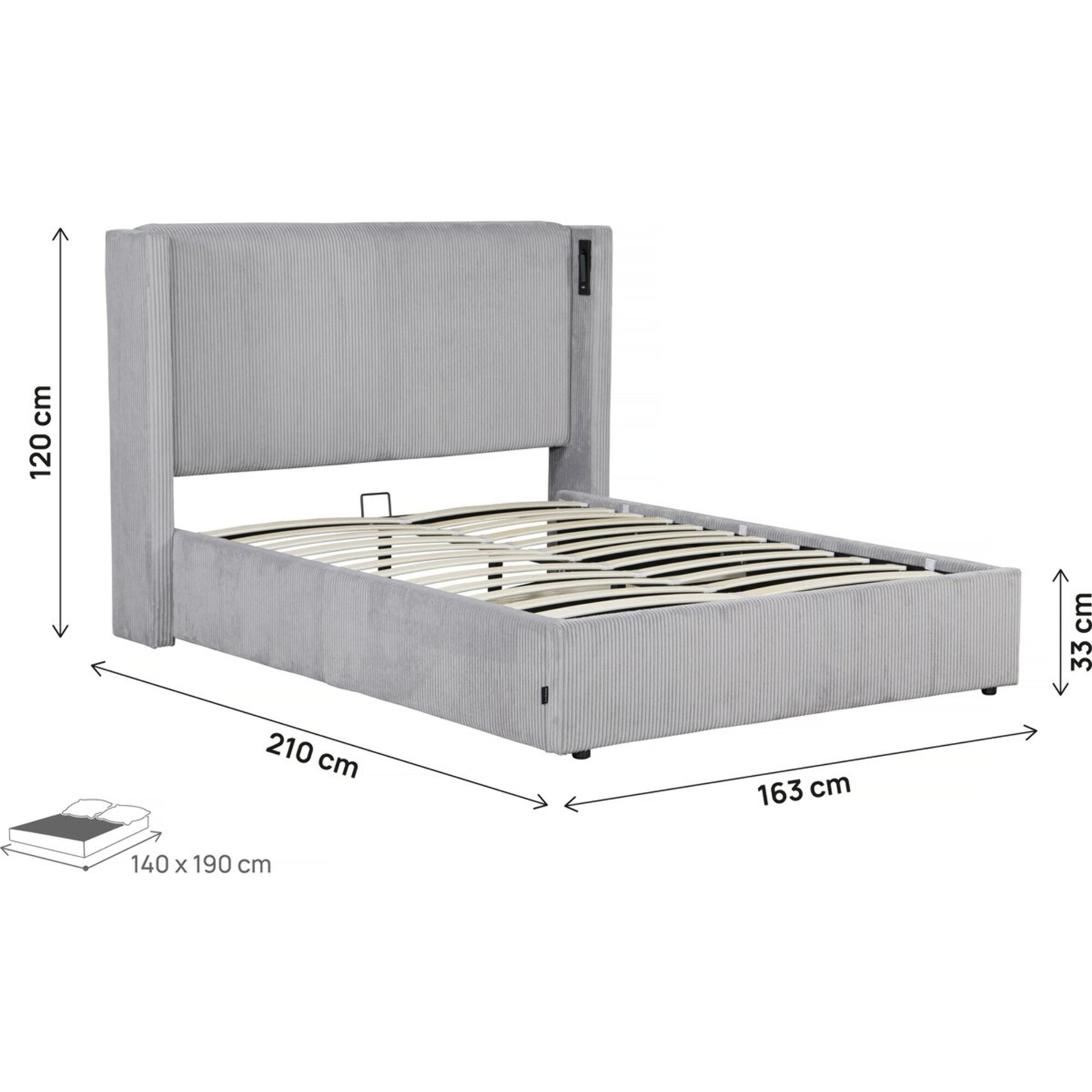Lit double en velours côtelé avec coffre et lampe intégré "Cortina" - 140 x 190 cm - Gris