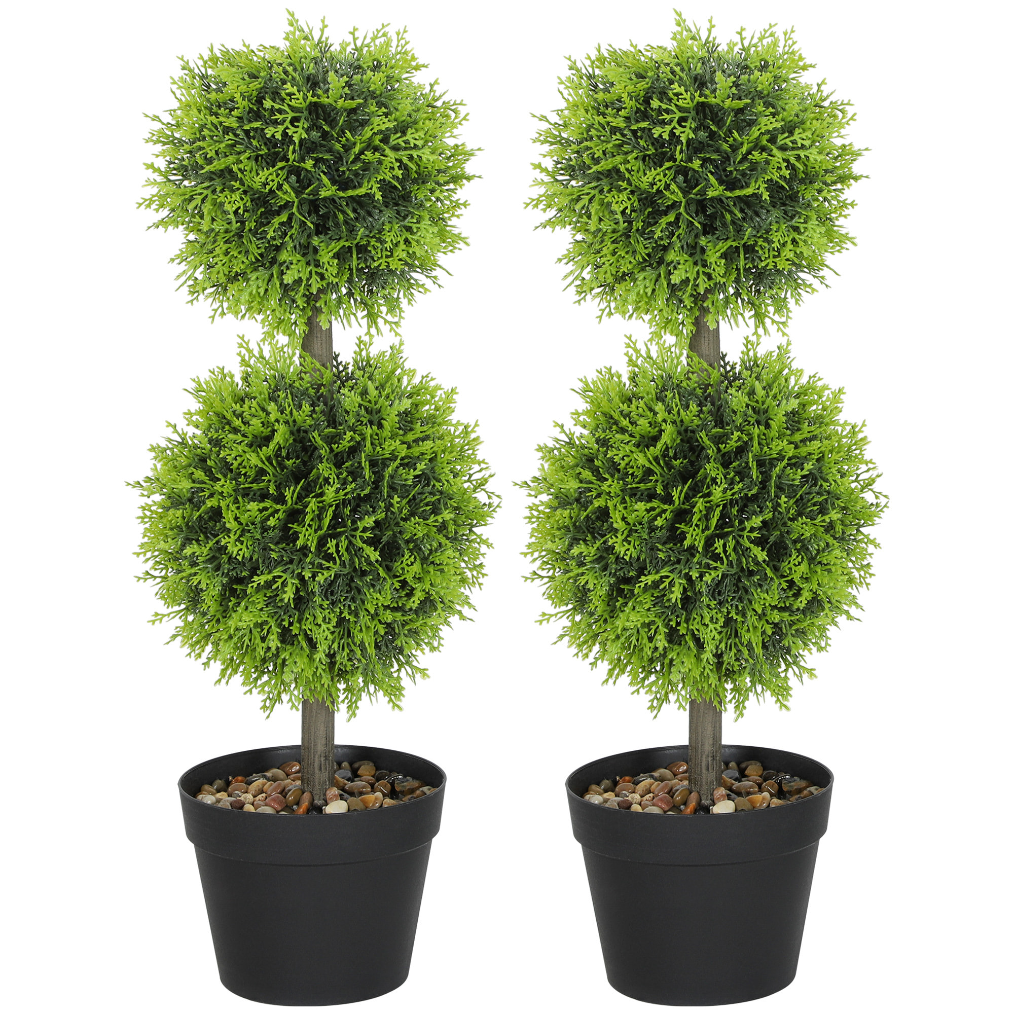 Lot de 2 cyprès artificiels topiaires en forme de boules x 2 H.60cm avec pots