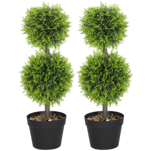 Lot de 2 cyprès artificiels topiaires en forme de boules x 2 H.60cm avec pots