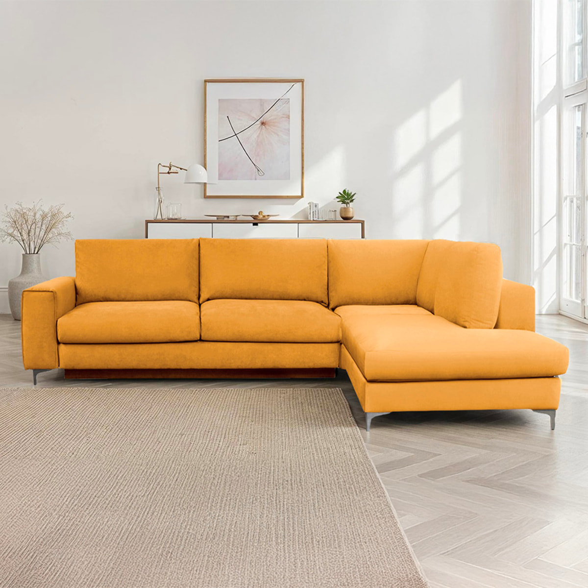 Canapé d'Angle Droit Velours Fiesole, 3 Places, Couchage Intégré, Coffre de Rangement, Housse Déhoussable