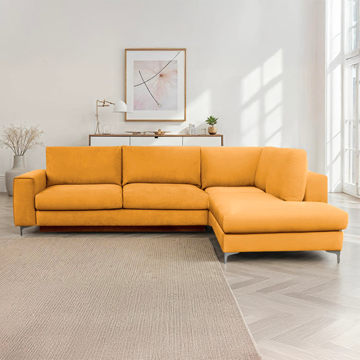 Canapé d'Angle Droit Velours Fiesole, 3 Places, Couchage Intégré, Coffre de Rangement, Housse Déhoussable