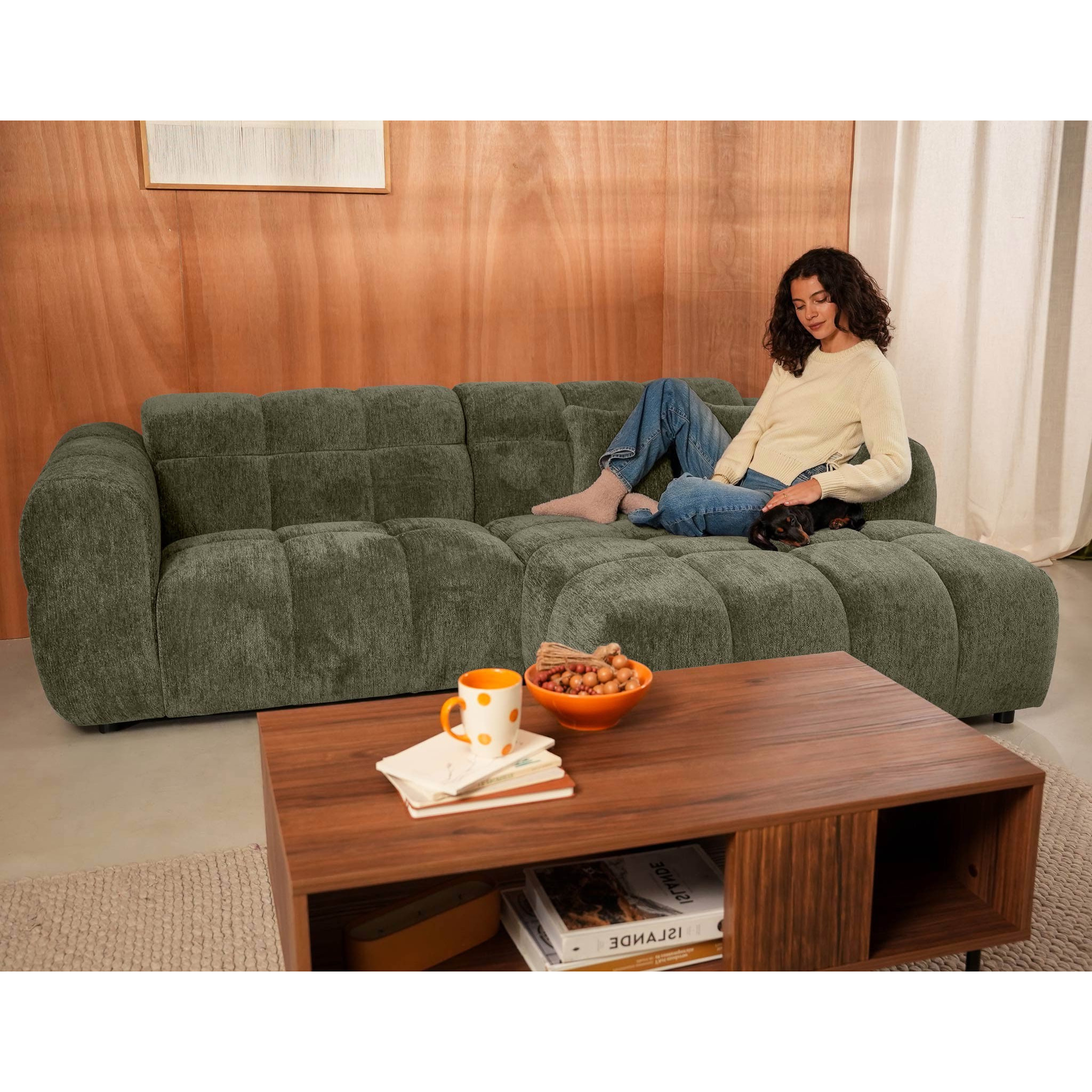 Mini Ray - Canapé d'angle droit 4 places en tissu texturé - Vert Kaki