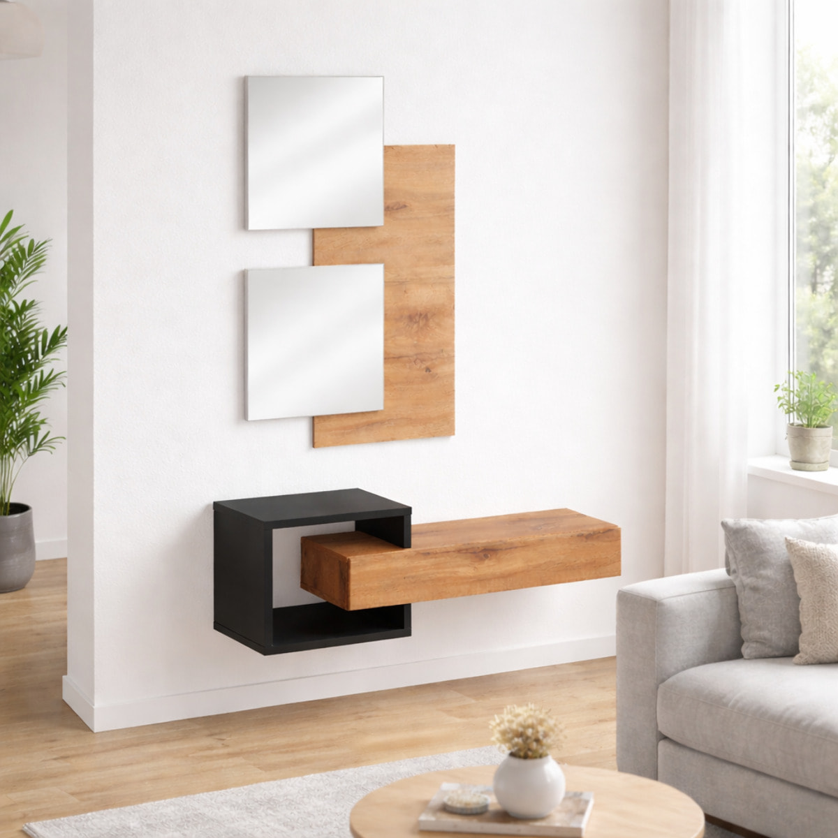 Set Ingresso Moderno Con Specchi Pensile A Giorno Mensola Con Cassetto Salvaspazio Mobile Da Parete 100 x 160 x 30 Cm Nero E Rovere