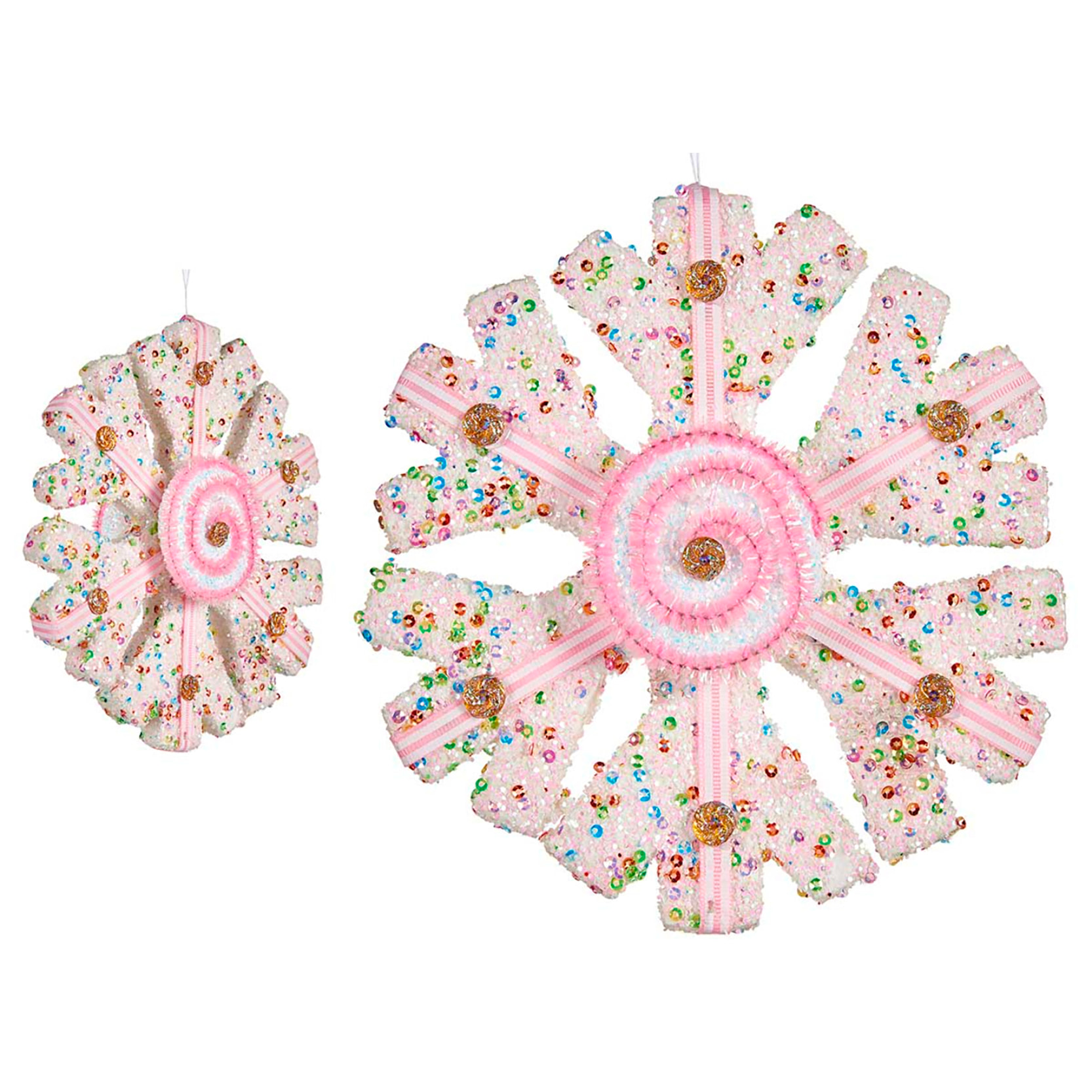 Fiocco di neve decorativo design bianco e rosa di 17 cm.