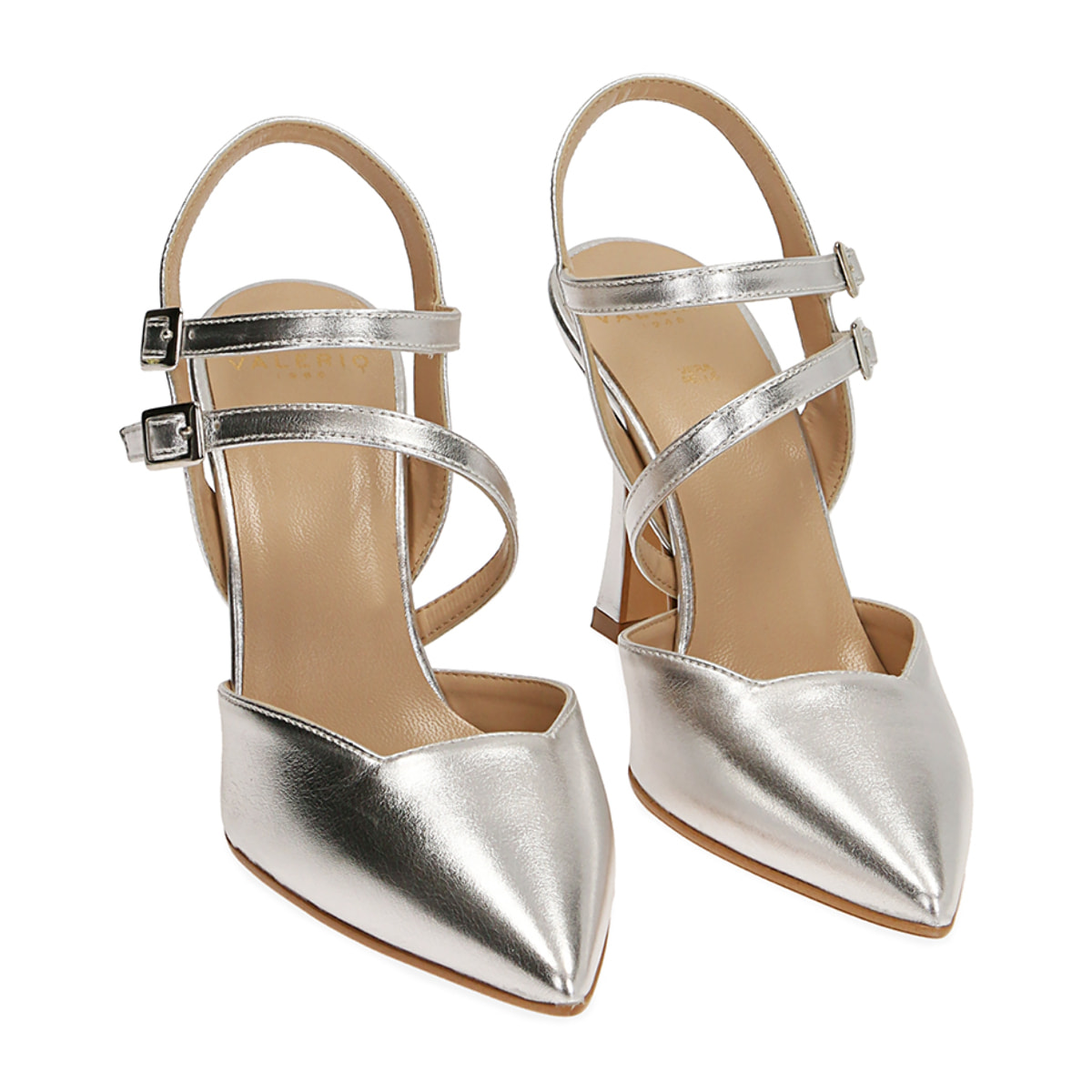 Slingback argento laminato, tacco 9,5 cm