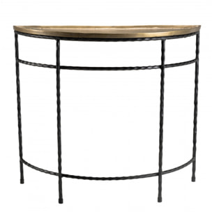 JONAS - Console demi-lune 90x36cm alu doré pieds métal noirs torsadés