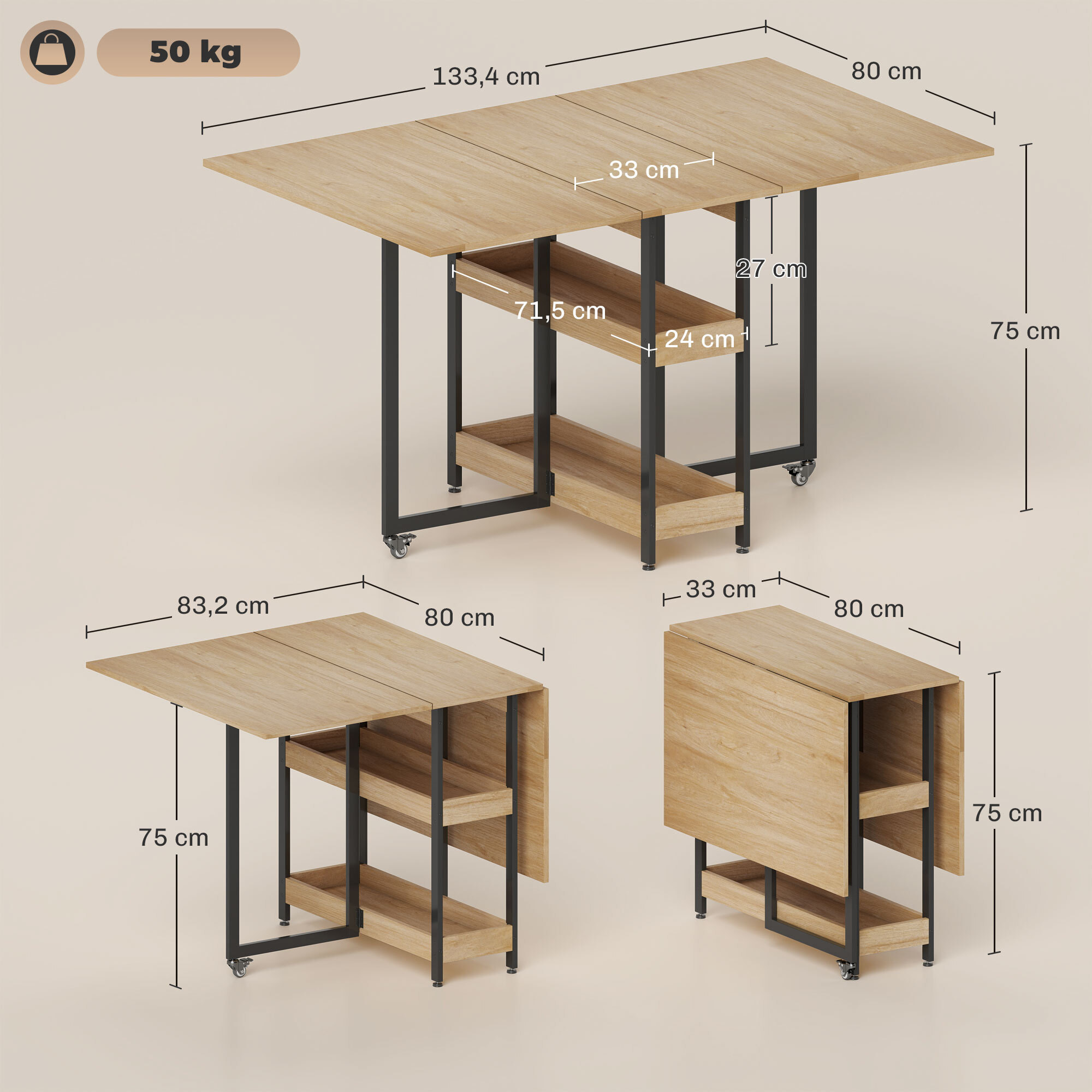 Table de cuisine rabattable - table à manger pliable 2-4 personnes - étagères - métal noir effet bois