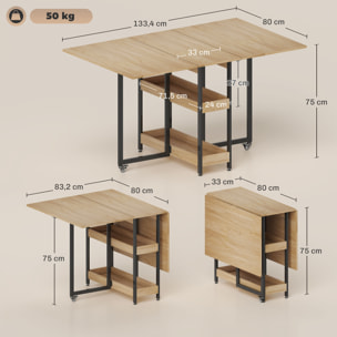 Table de cuisine rabattable - table à manger pliable 2-4 personnes - étagères - métal noir effet bois
