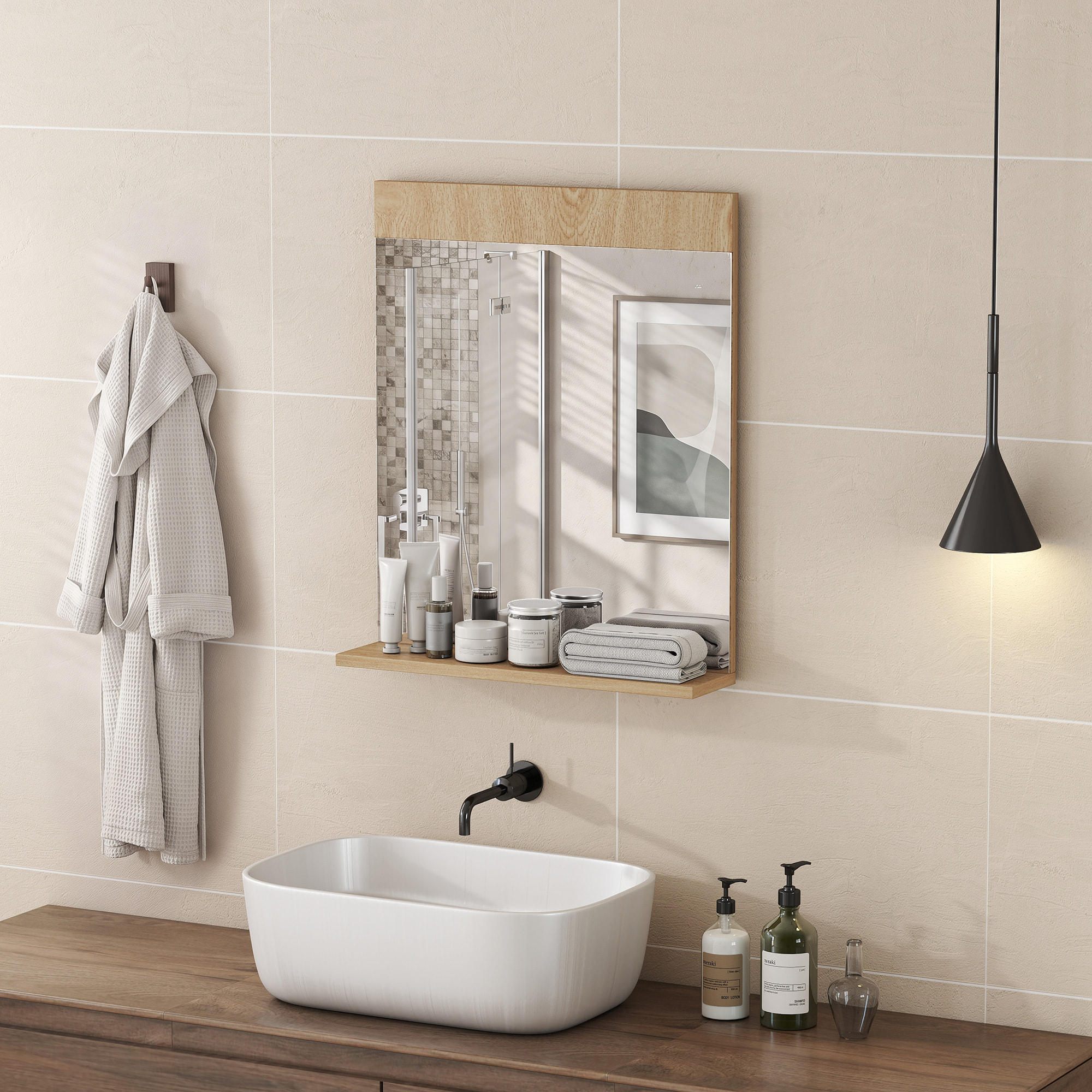 Espejo de Baño Espejo de Pared con Estante Abierto Espejo para Entrada Pasillo 50x12x60 cm Roble