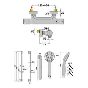 Mitigeur douche thermostatique PAINI Ruby + Pack pommeau de douche rond 3 jets Paini Ruby Noir Mat