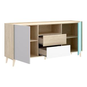 Credenza Rainier, Buffet da soggiorno, Madia da salotto moderna a 2 ante, 155x43h75 cm, Bianco e Rovere