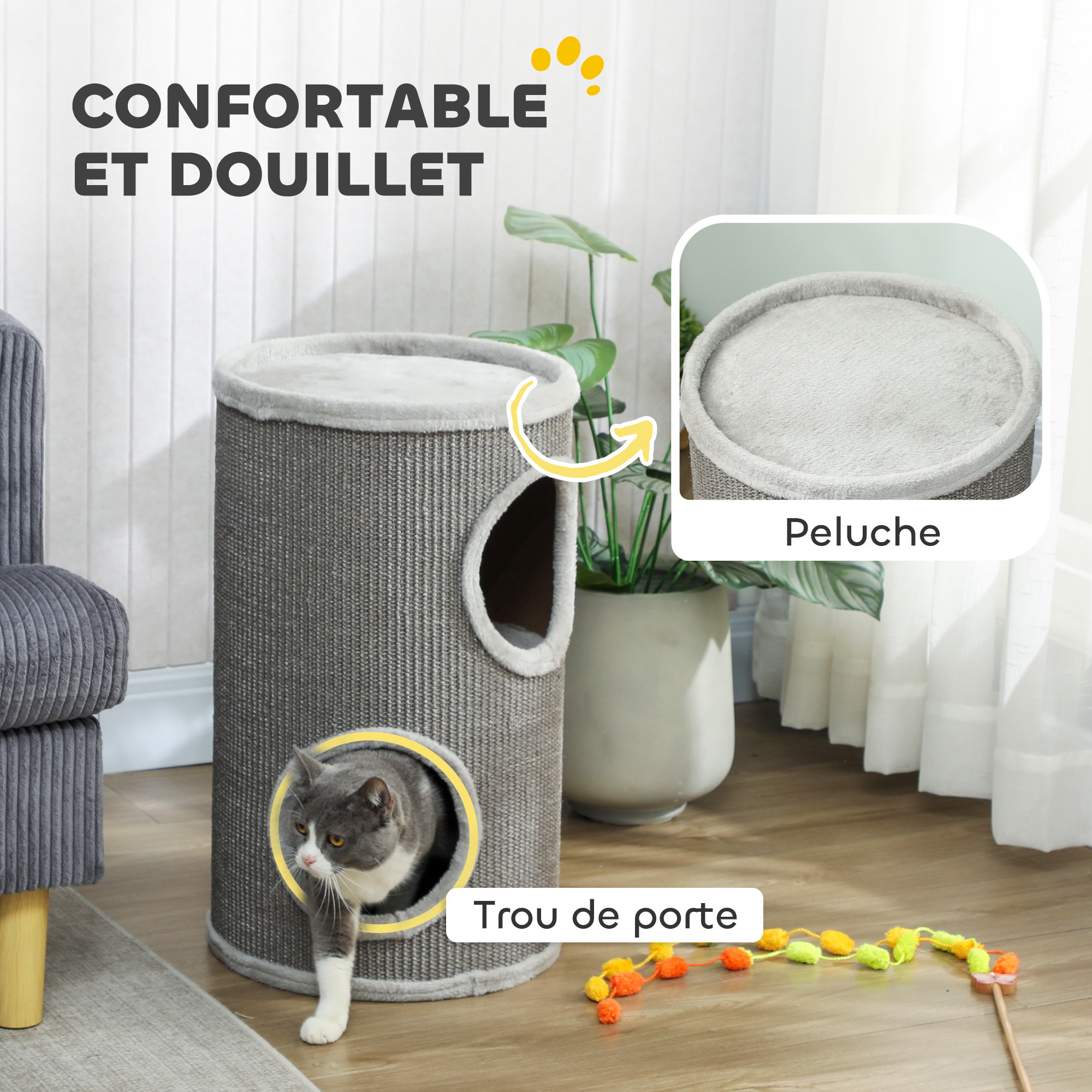 Arbre à chat cylindrique - tour à griffer pour chat - tonneau griffoir - 2 niches + plateforme - sisal peluche gris