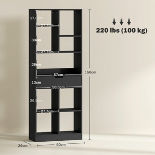 Estantería para Libros Librería con Cajón y 9 Compartimientos de Almacenamiento Librería Estantería para Salón Oficina Estudio 60x26x158 cm Negro