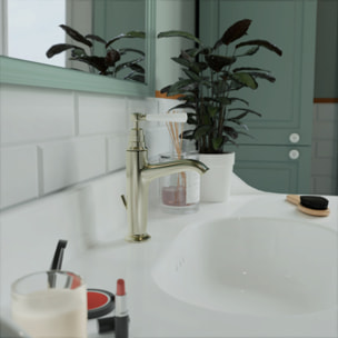 Pack plan vasque suspendu Cléo 1889 + colonne droite + miroir + robinet or + siphon or