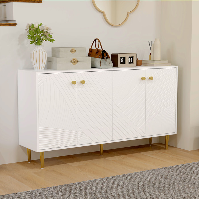 Buffet design graphique 4 portes 2 étagères piètement poignées métal doré blanc