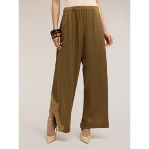 Motivi - Pantaloni palazzo in raso con pizzo - Verde militare