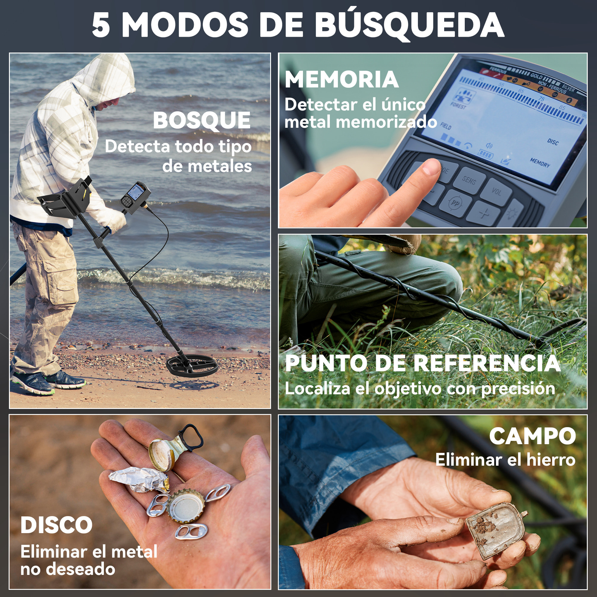 Detector de Metales para Adultos y Niños con Batería Detector IP68 con 5 Modos y Memoria Pantalla LCD Retroiluminada Chip DSP 28x21x48-130 cm Gris Oscuro