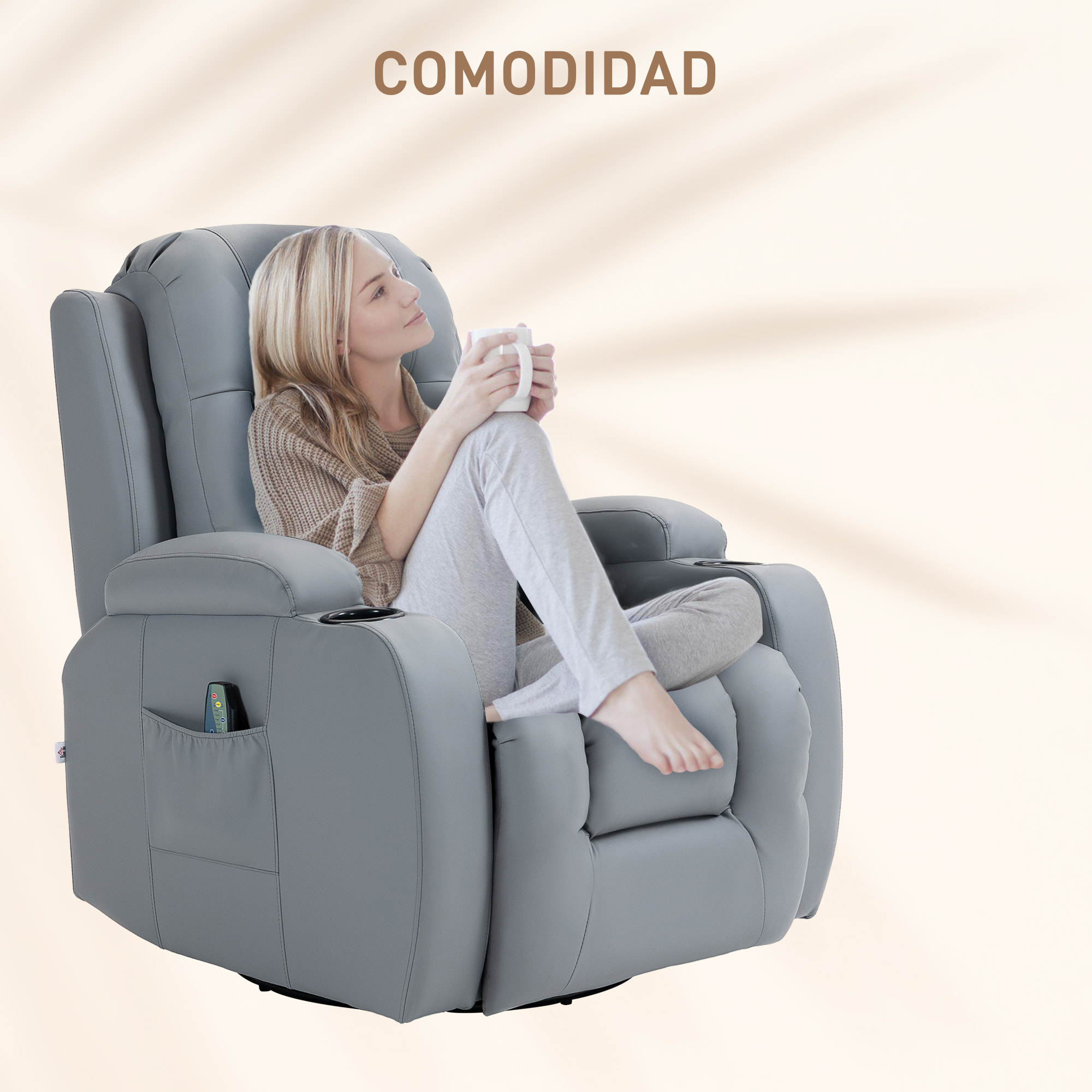 Sillón de Masaje Giratorio con 8 Puntos de Masaje Vibrante Sillón Relax Reclinable con Función de Calefacción Lumbar Mando a Distancia Butaca Reclinable para Salón 85x94x104 cm Gris