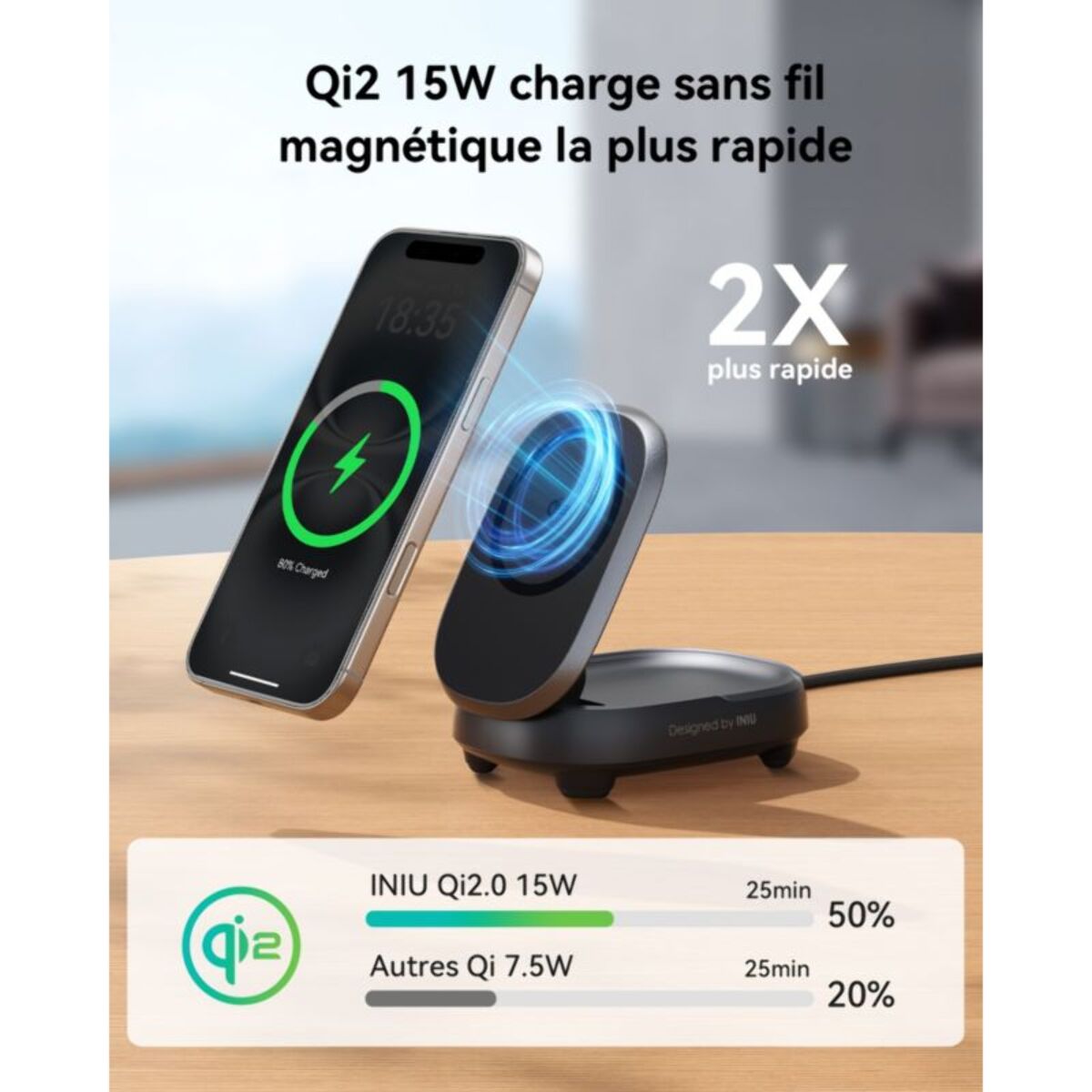 Station de charge INIU 15W Stand MagPro pliable USB-C /Qi2 Noir