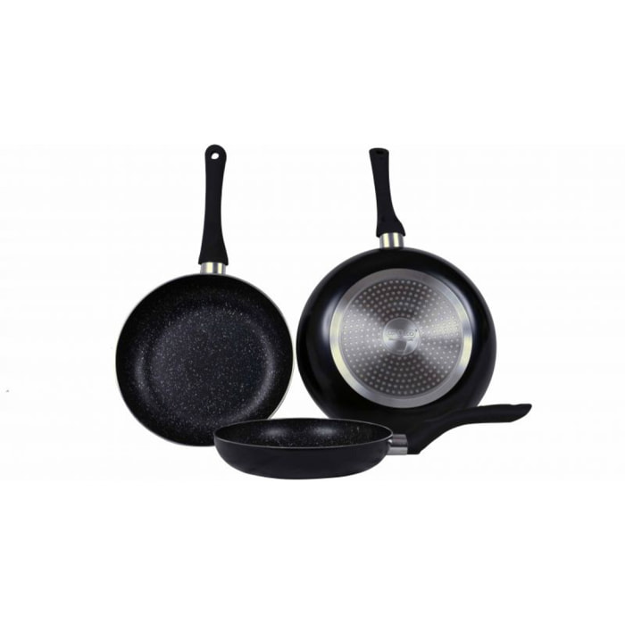 Lot de 3 Poêles en pierre 20 24 28cm Induction noir Cenocco CC2001-BLK