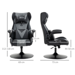 Fauteuil gaming base ronde métal pivotante 360° hauteur réglable tétière coussin lombaires accoudoirs relevables PU tissu gris noir