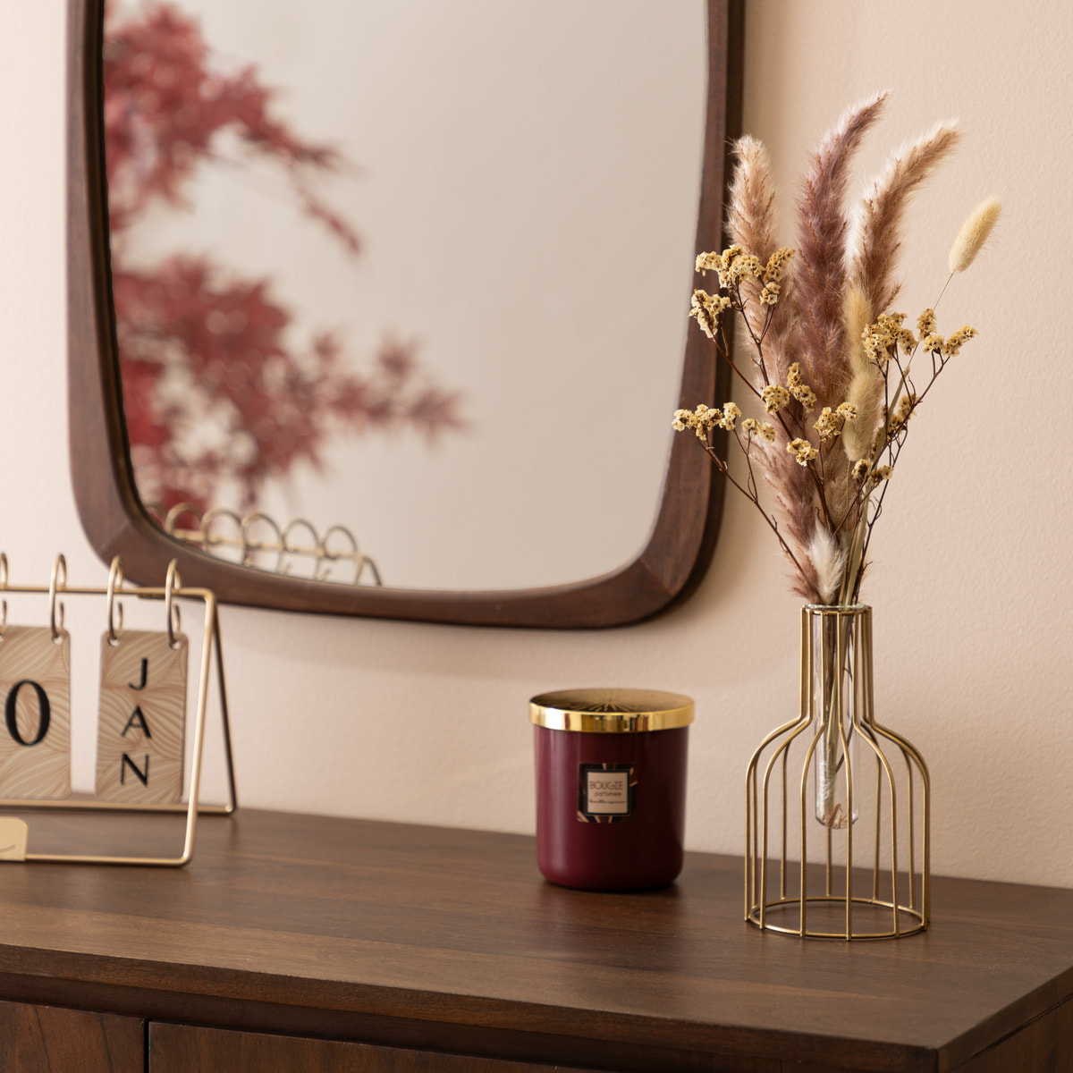 Composition fleurs séchées automne métal doré rose H40cm