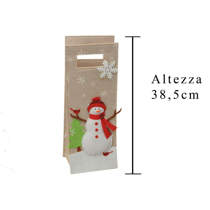 Porta Bottiglia Pupazzo. Altezza 38,5 Cm - Pezzi 2 - 14X38,5X10cm - Colore: Bianco - Bianchi Dino - Articoli Natalizi