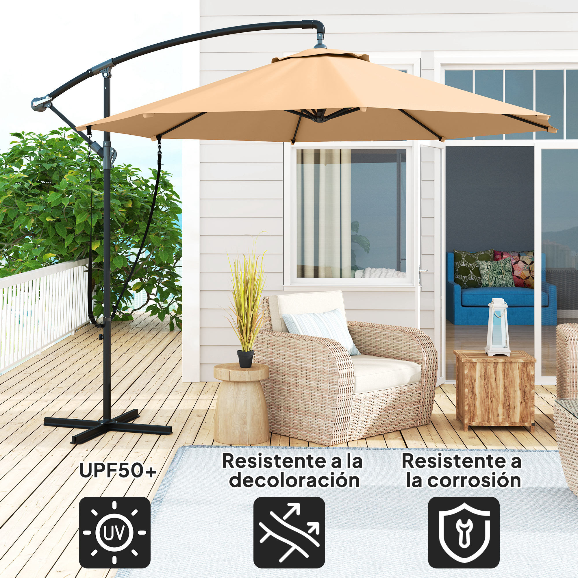Parasol Excéntrico Ø 290 cm Sombrilla de Jardín con Base Cruzada Manivela Funda para Sombrilla y Cuerda de Viento Anti-UV 50+ Sombrilla para Terraza Patio Caqui
