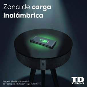 Mesa auxiliar altavoz portátil con sonido de 30W, Bluetooth, base de carga inalámbrica, batería de 2200mAh. Mesilla o mesita para dormitorio o sala de estar - TD Systems SM30B11WGN [Cristal negro]