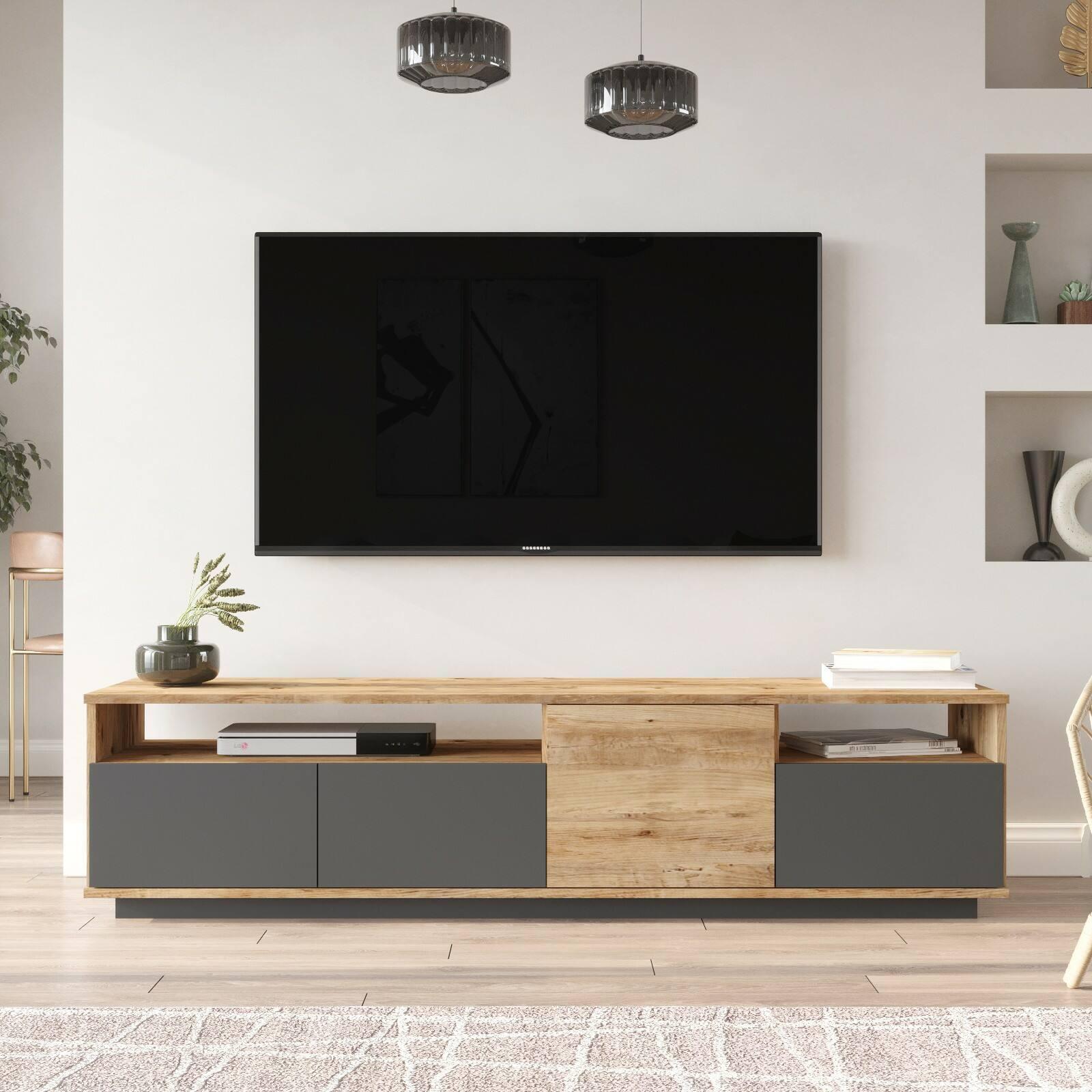 Mobile porta TV Dgiulian, Credenza da soggiorno, Armadio basso per TV, Base parete attrezzata, 180x45h45 cm, Quercia e Antracite