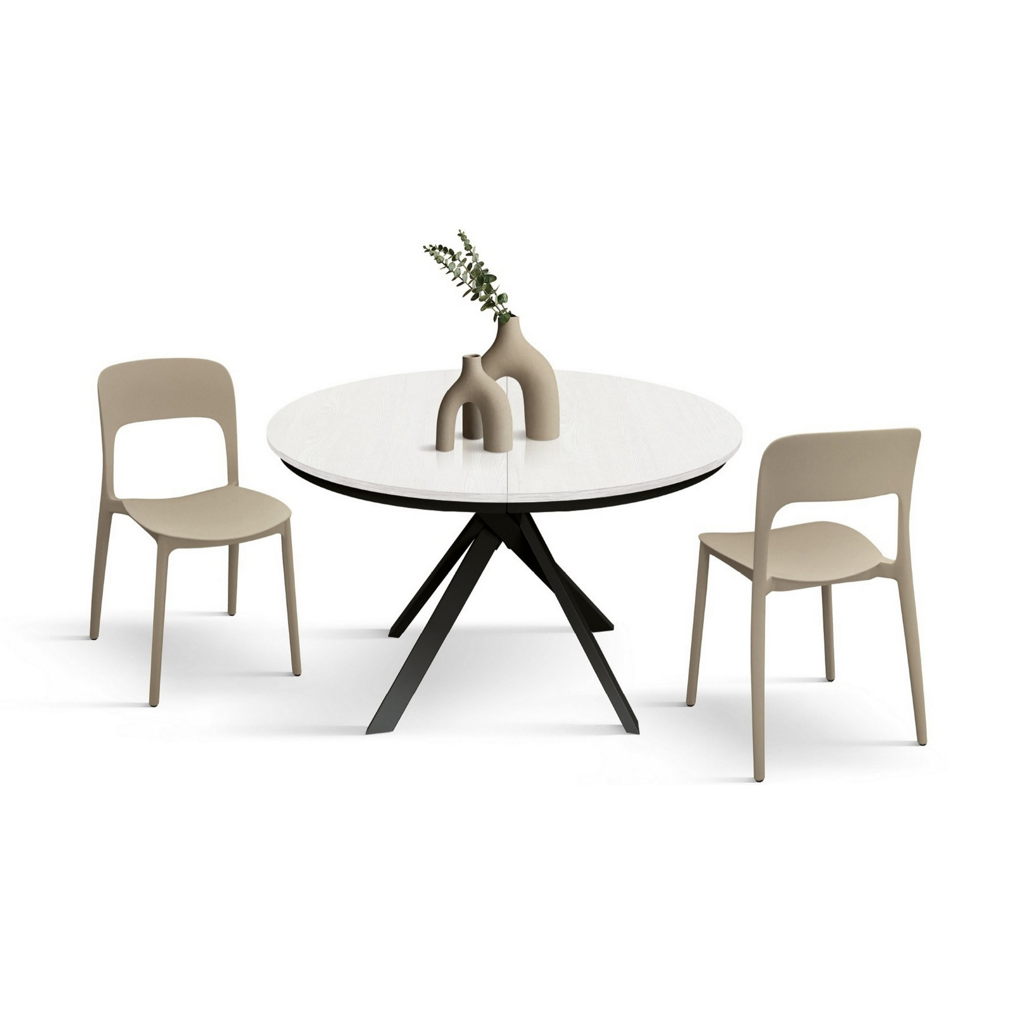 Tavolo rotondo PANTELLERIA in legno effetto bianco frassinato con gambe incrociate in metallo antracite, allungabile ⌀120 cm - ⌀170 cm