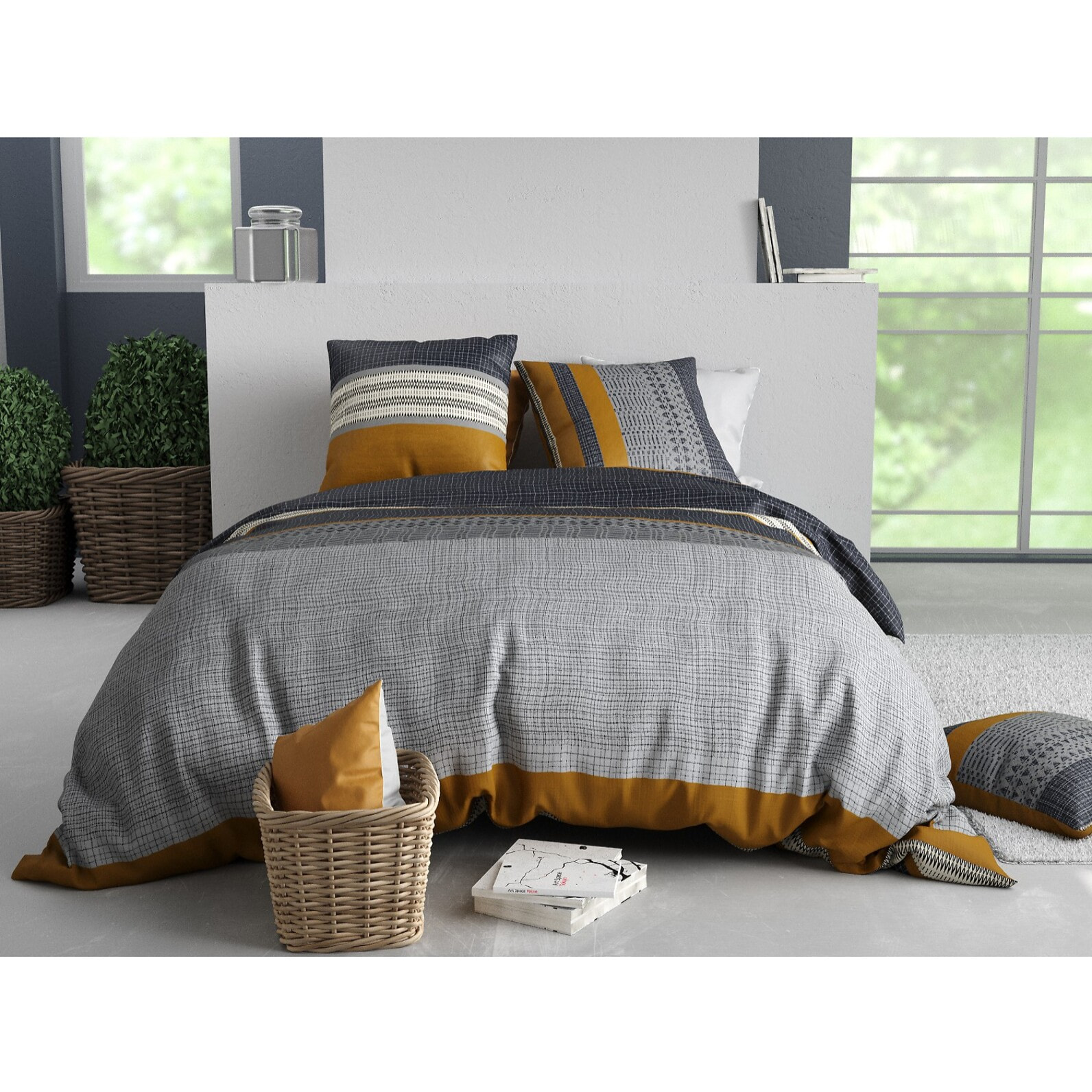 Parure housse de couette coton gris