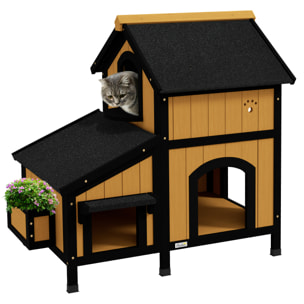 PawHut Casa para Gatos de Madera con Macetero 96x65x85,5 cm Caseta para Gatos de 2 Niveles Refugio para Gatos con Techo Asfáltico Ventana y Múltiples Entradas para Interior y Exterior Natural