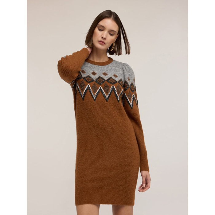 Motivi - Vestido jacquard con mangas abullonadas - Marrón