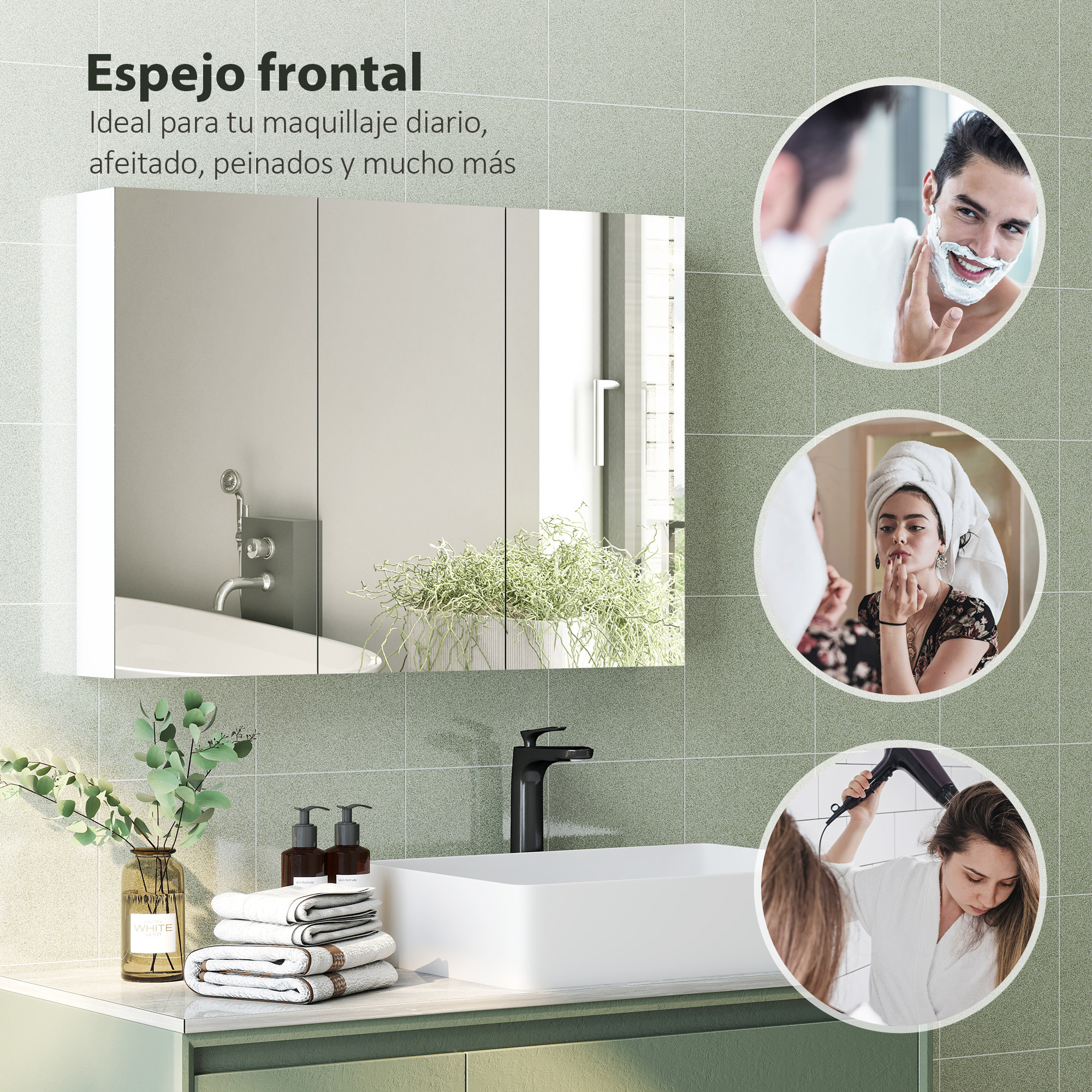 Armario de Baño con Espejo Armario de Pared Mueble de Baño Colgar con 3 Puertas Estantes Ajustables 91,5x11,5x65 cm Blanco