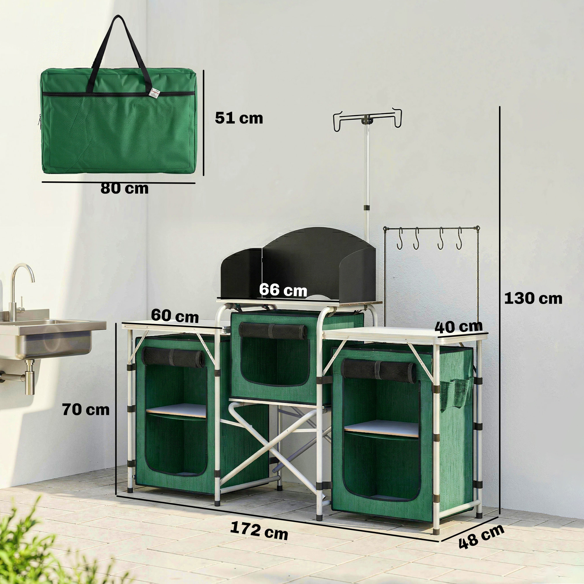 Mueble Cocina Camping Armario Camping Plegable con Mesas Armarios Ganchos Estructura de Aluminio Poste de Luz Ajustable Paravientos y Bolsa de Transporte para Acampada 172x48x130 cm Verde