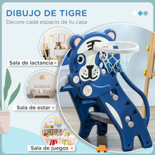 Tobogán Infantil 2 en 1 Tobogán para Niños de 18 a 36 Meses con 2 Escaleras 1 Canasta de Baloncesto y Patrón de Tigre para Interior 133x60x70 cm Azul y Gris