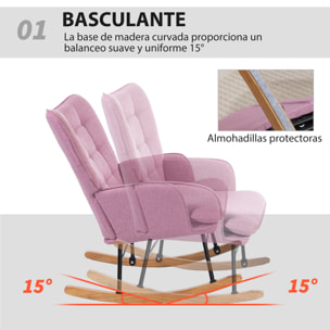 Silla Mecedora con Reposapiés, Sillón de Relax, con Cojín Acolchado, Respaldo Alto, Reposabrazos y Patas de Madera, Carga 130 kg, para Salón, Dormitorio, Rosa