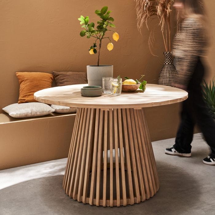 Table à manger ronde en bois d'acacia. 4 places. intérieur et extérieur