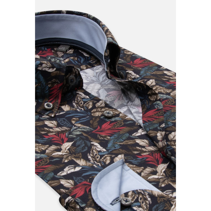 camicia uomo 1 bottone button down slim Popeline Stretch Stampato Blu\Rosso