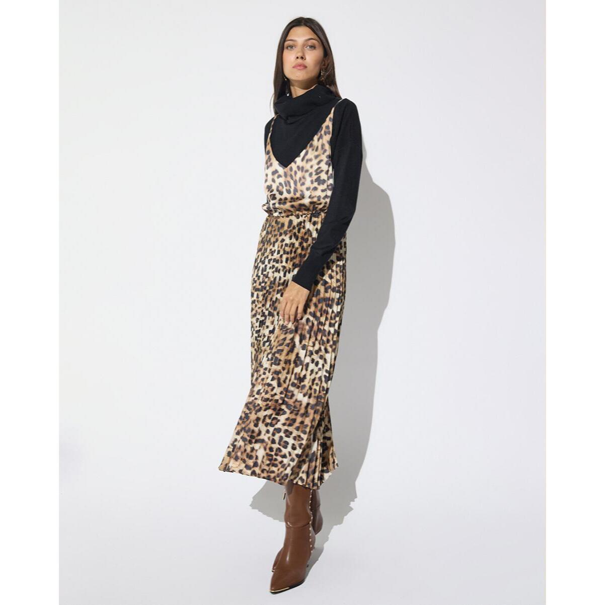 Abito combinato con gonna plissettata a stampa animalier