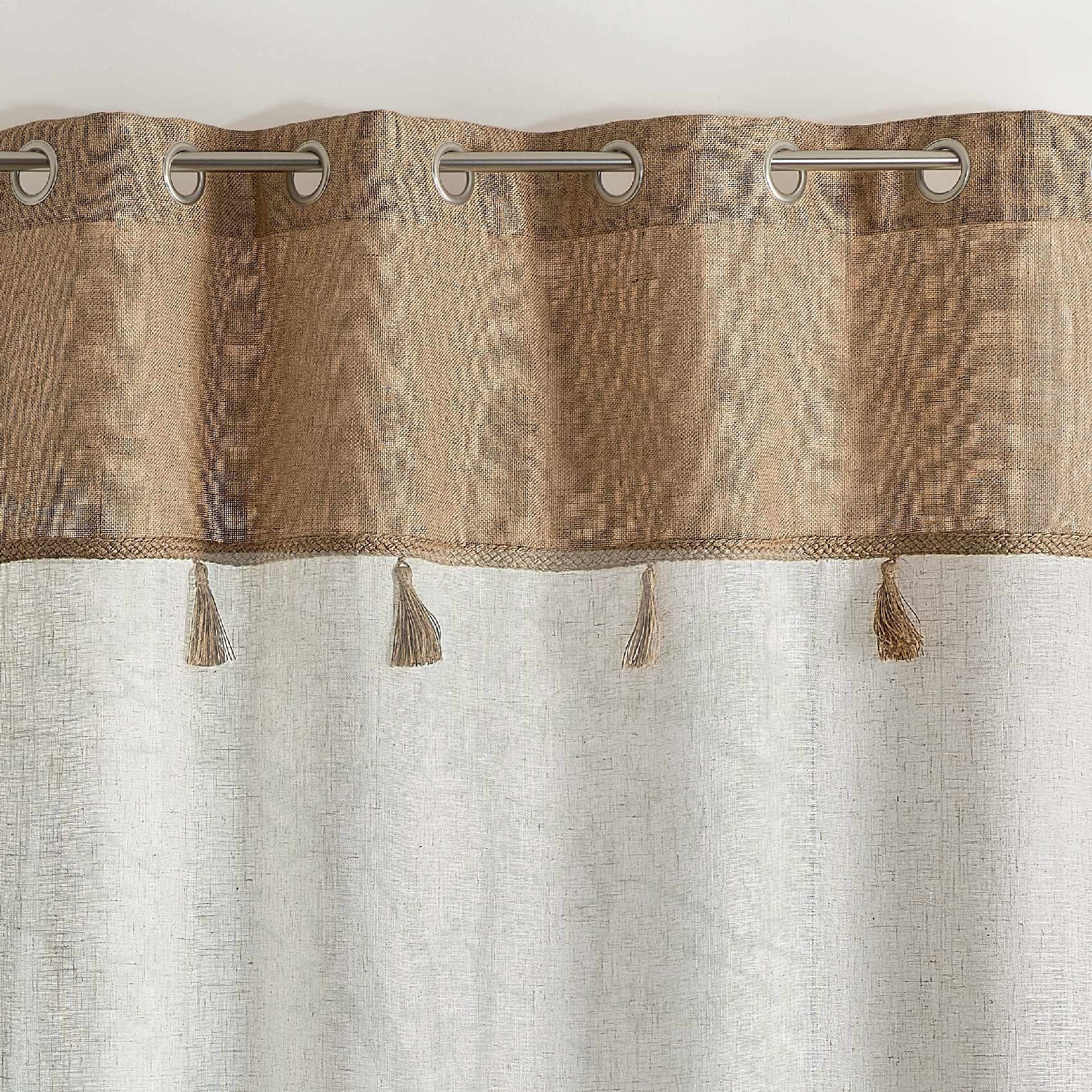 Voilage avec parement en jute et pompons - Beige
