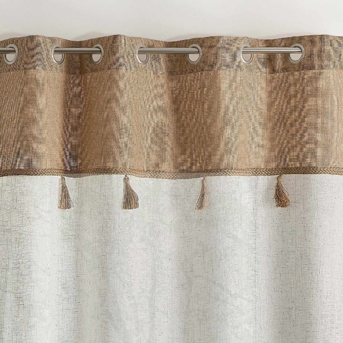Voilage avec parement en jute et pompons - Beige