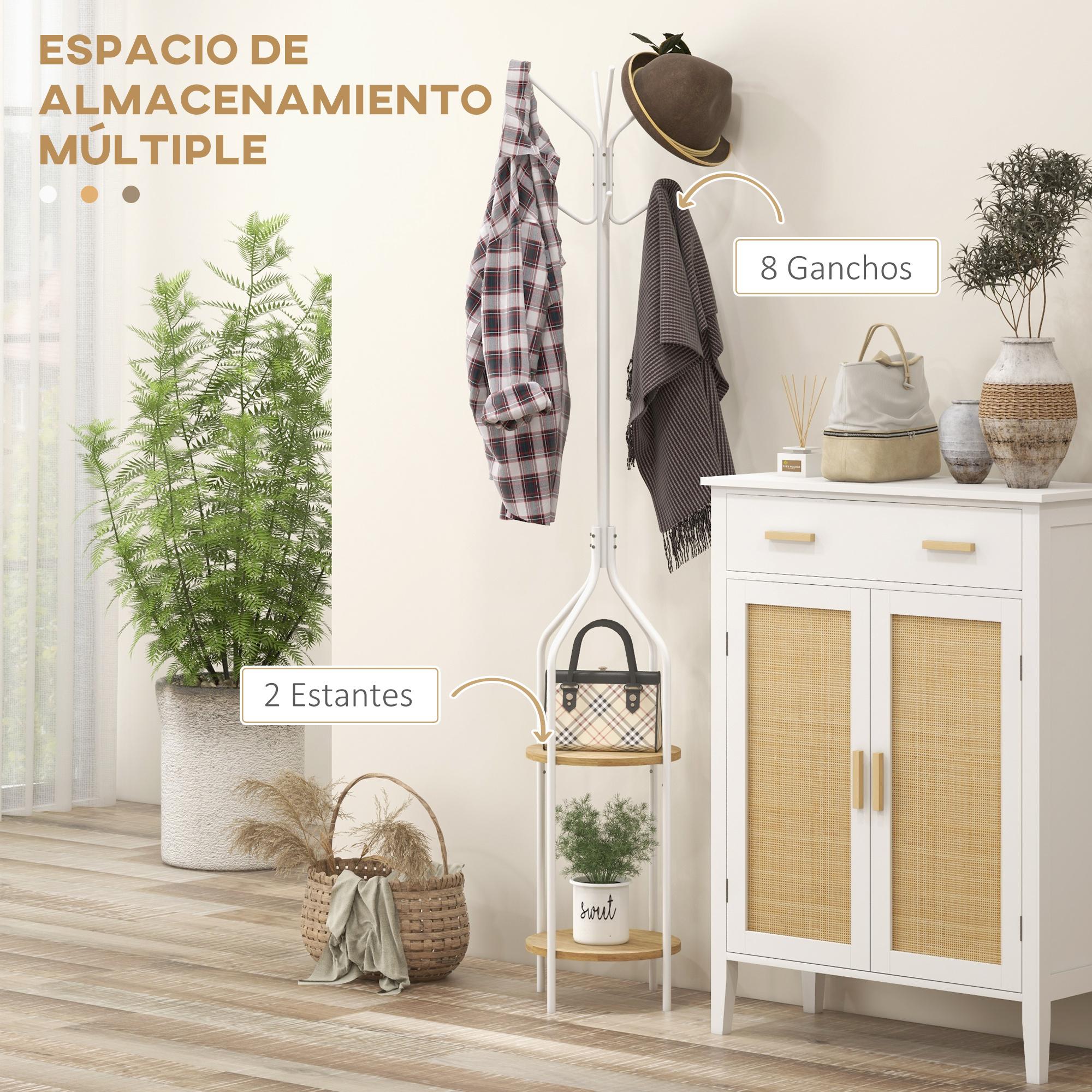 Perchero de Pie con 2 Estantes Perchero Metálico de Pie con 8 Ganchos para Colgar Bolsas Ropa Forma de Árbol para Pasillo Entrada Dormitorio Ø34x181 cm Blanco